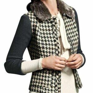 CABI Houndstooth Zip Sweater Cardigan Blazer/Jacket w/ Removable Fur Collar Sz 6